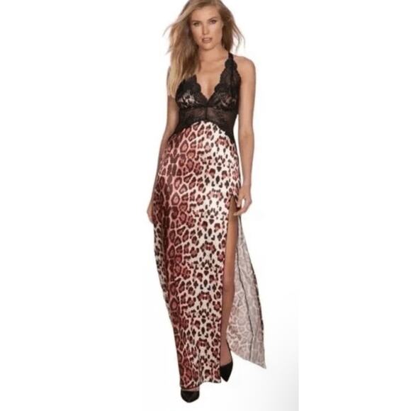 NWT Frederick's of Hollywood Rosalina Rose Cheetah Lace & Satin Gown Thong S - Picture 1 of 6
